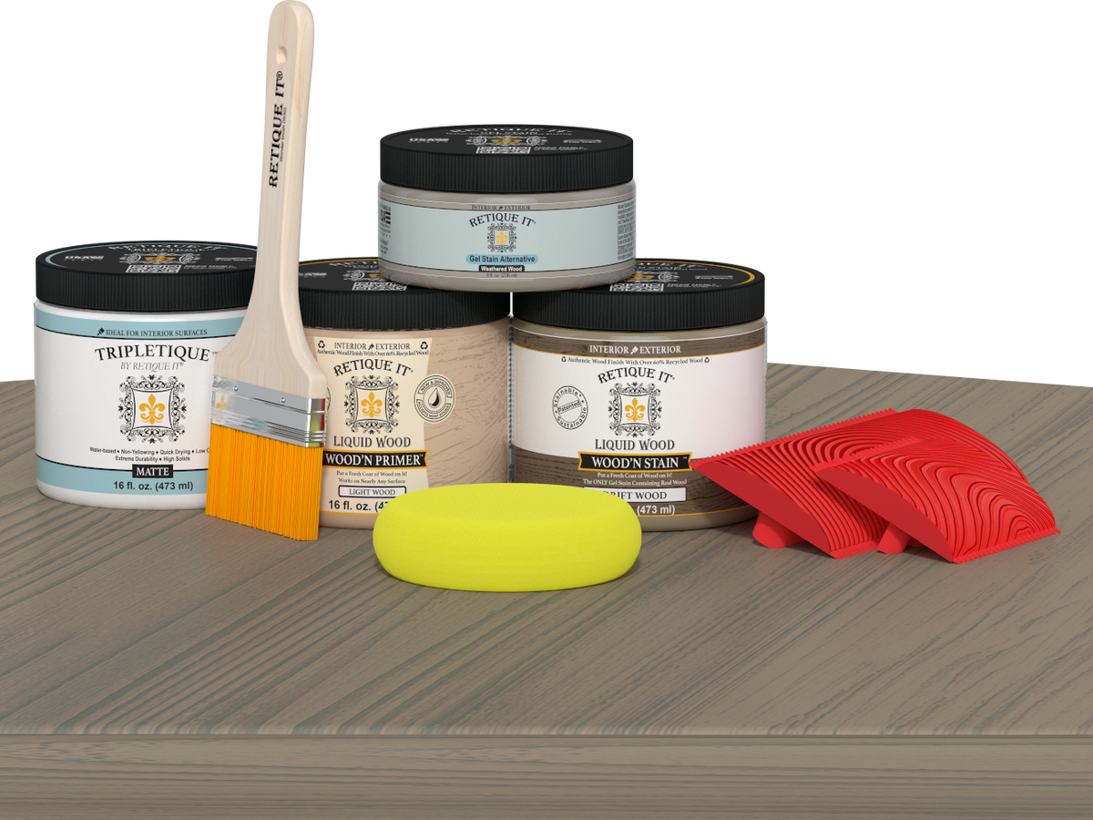 Retique It® Drift Wood stain countertop kit on kitchen island with natural wood finish and textured surface.