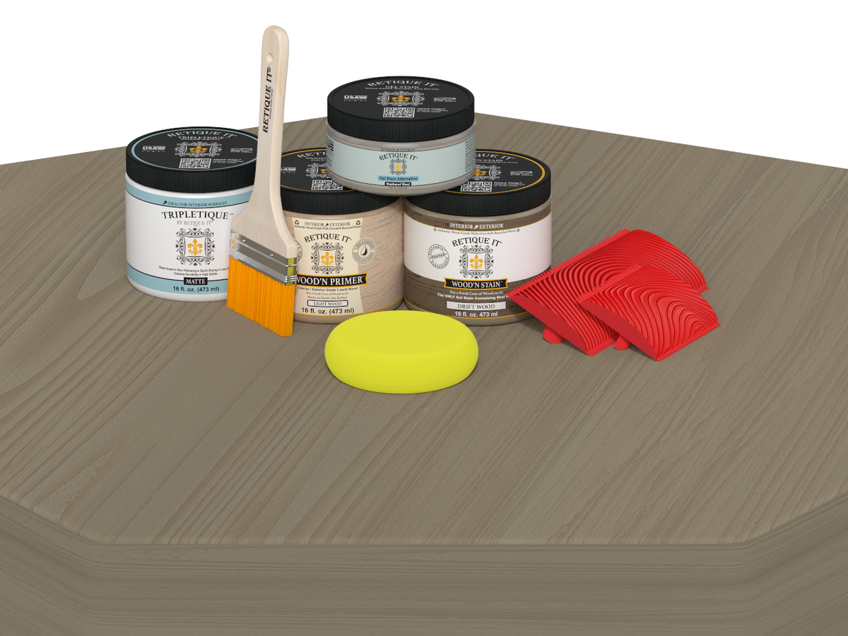 Medium-sized Wood'n Kit by Retique It® with driftwood finish, featuring a tabletop coated with Interior Top Coat.