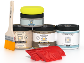 Retique It Wood'n Finish Kit in Drift Wood stain for tabletops, includes double-sized stain set with natural wood finish.