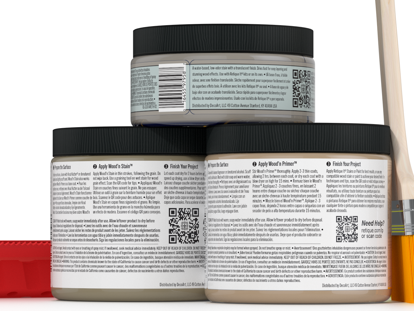 Three jars of wood finish product with labels and a paintbrush on a white background