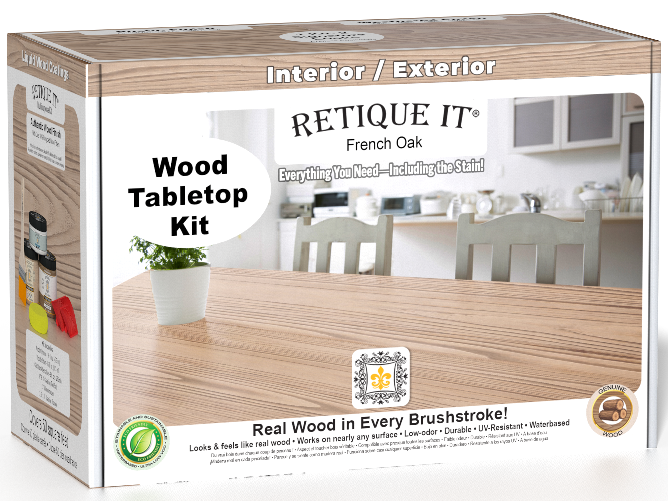 Retique It Wood'n Finish Kit in French Oak for tabletops, showing the double-sized stain set with wood finish containers.