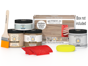 Painting supplies including jars, a brush, and a sanding block on a white background