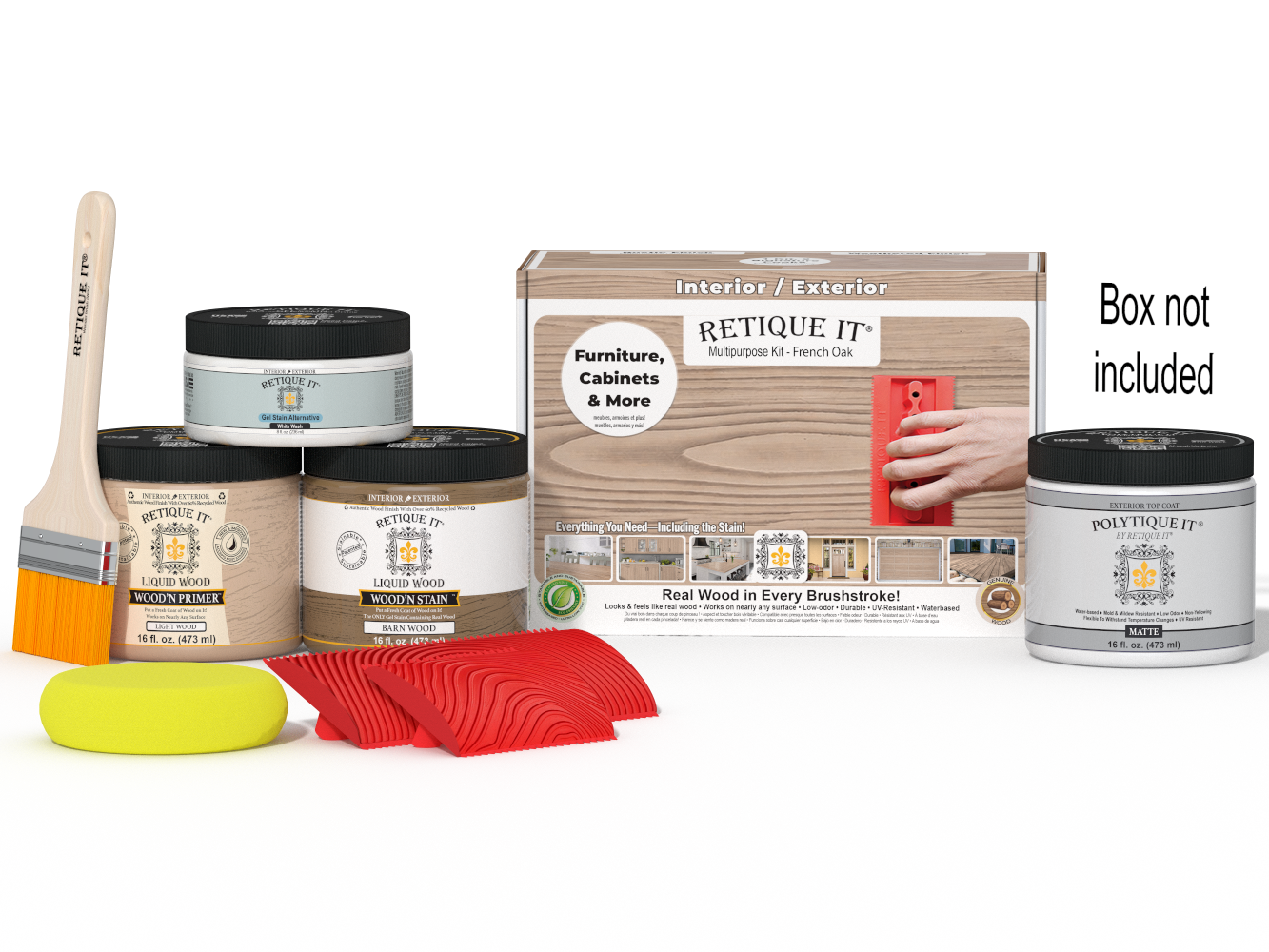 Retique It® Multi-purpose Wood'n Kit in French Oak for exterior top coat, includes wood finish supplies with box and application tools.