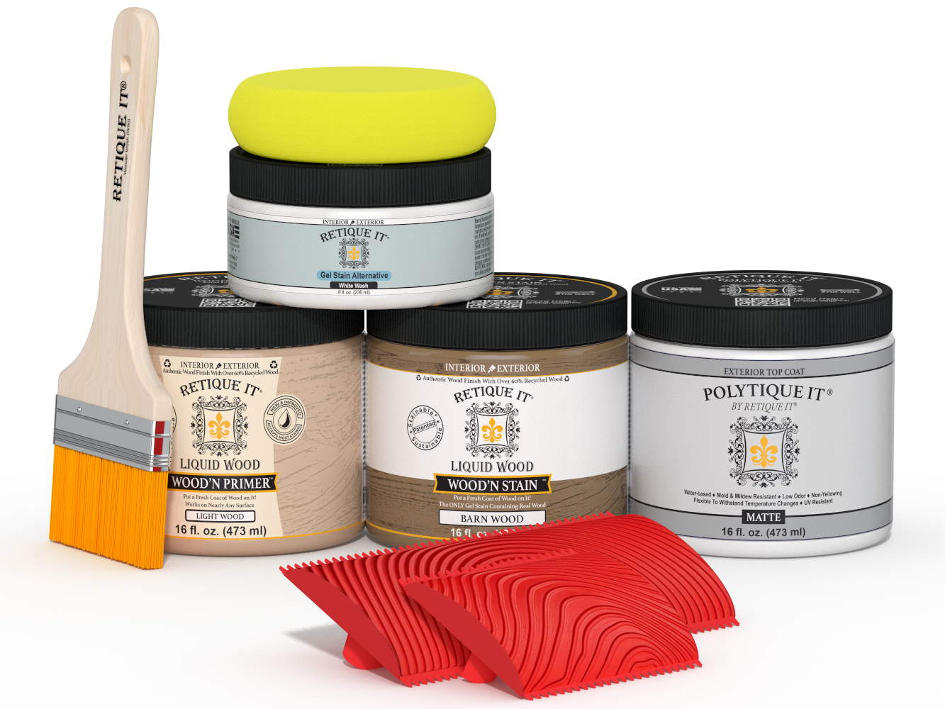 Retique It® Wood'n Finish Kit in French Oak for exterior use, includes top coat and application tools.
