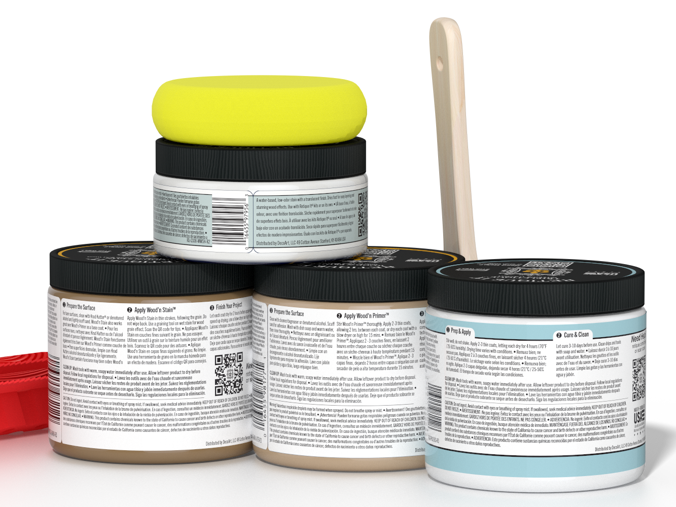 Five jars of paint with a yellow lid on a white background