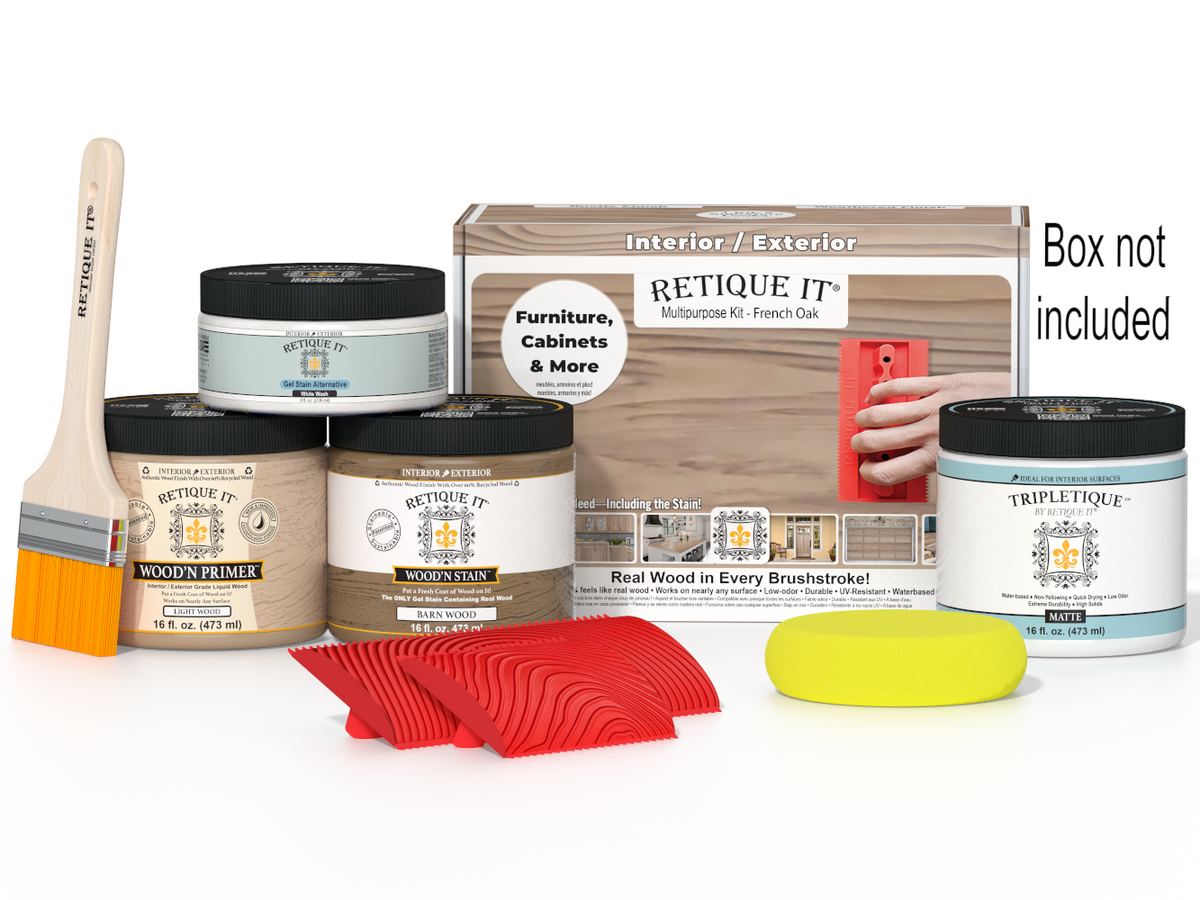 Painting supplies including paint cans, a brush, and a sanding block on a white background.