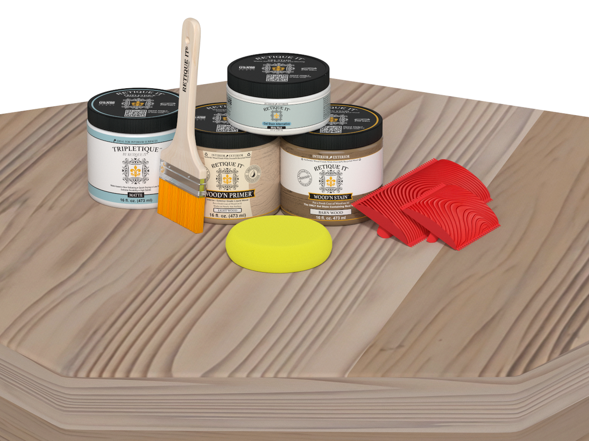 Wooden primer and sanding tools on a wooden surface
