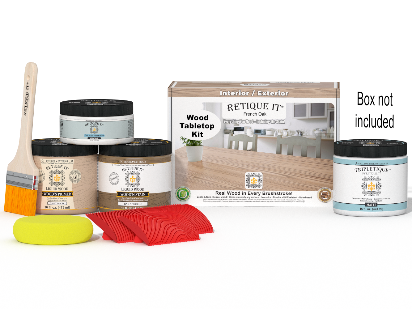 Retique It Wood'n Finish Kit in French Oak for tabletops, featuring stain bottles and applicator tools in a double size set.