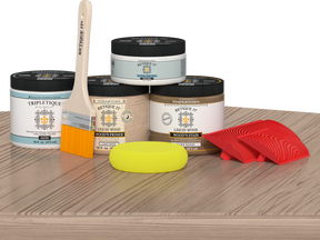 Retique It® French Oak countertop kit on kitchen island showing stained wood surface and natural oak finish.