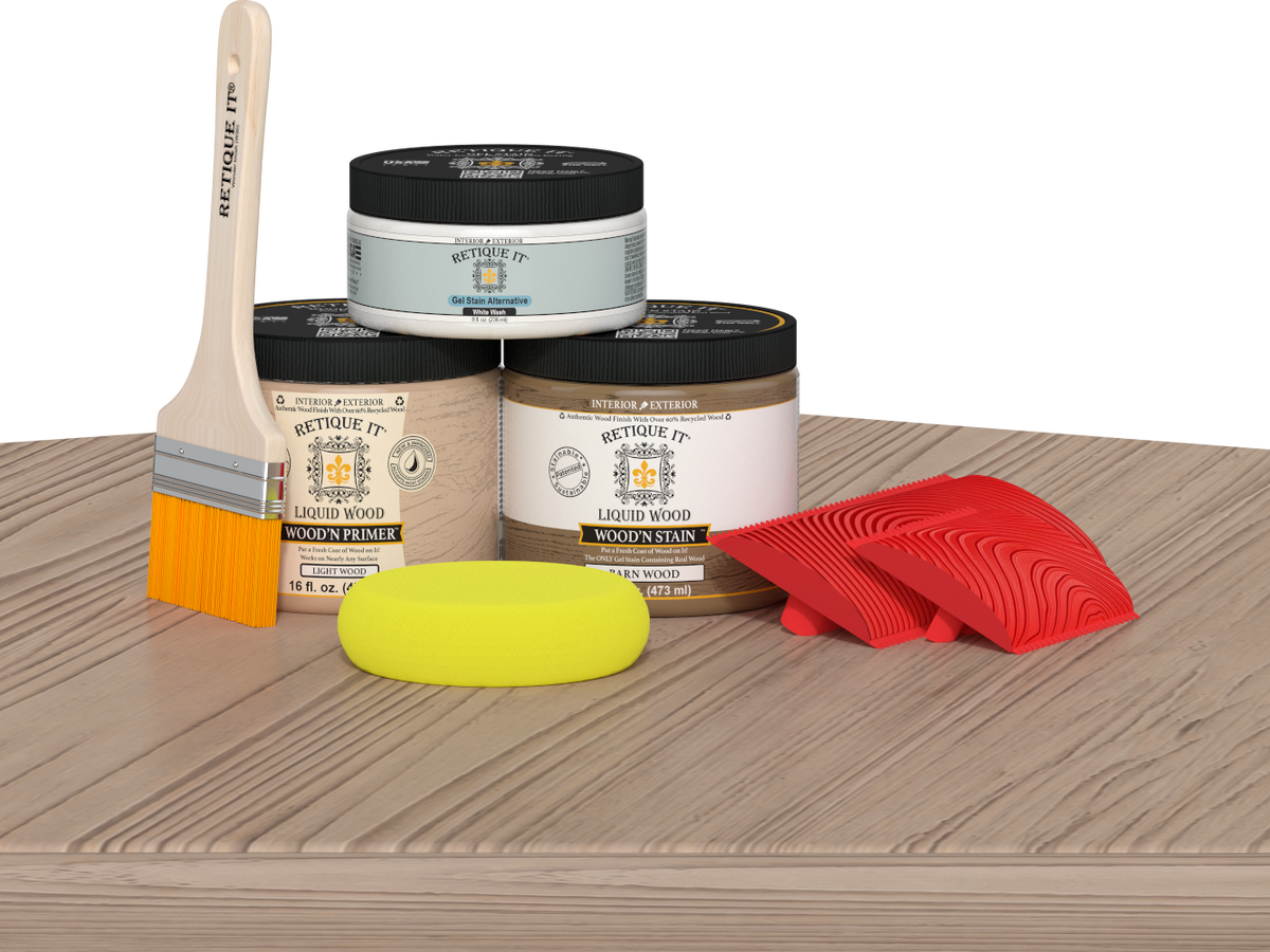 Multi-purpose Wood'n Kit in French oak by Retique It® on a table, showing wood finish and application tools included.