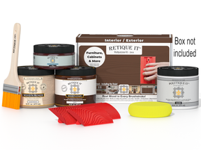 Painting supplies including paint cans, a brush, and packaging on a white background