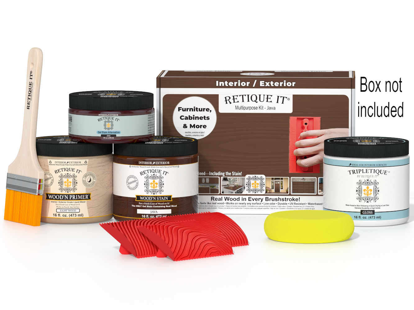 Retique It® Multi-purpose Wood'n Kit Java interior top coat set with wood finish and application tools in a box.