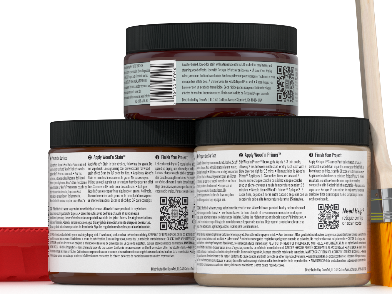 Three jars of wood finish product with labels and a paintbrush on a white background