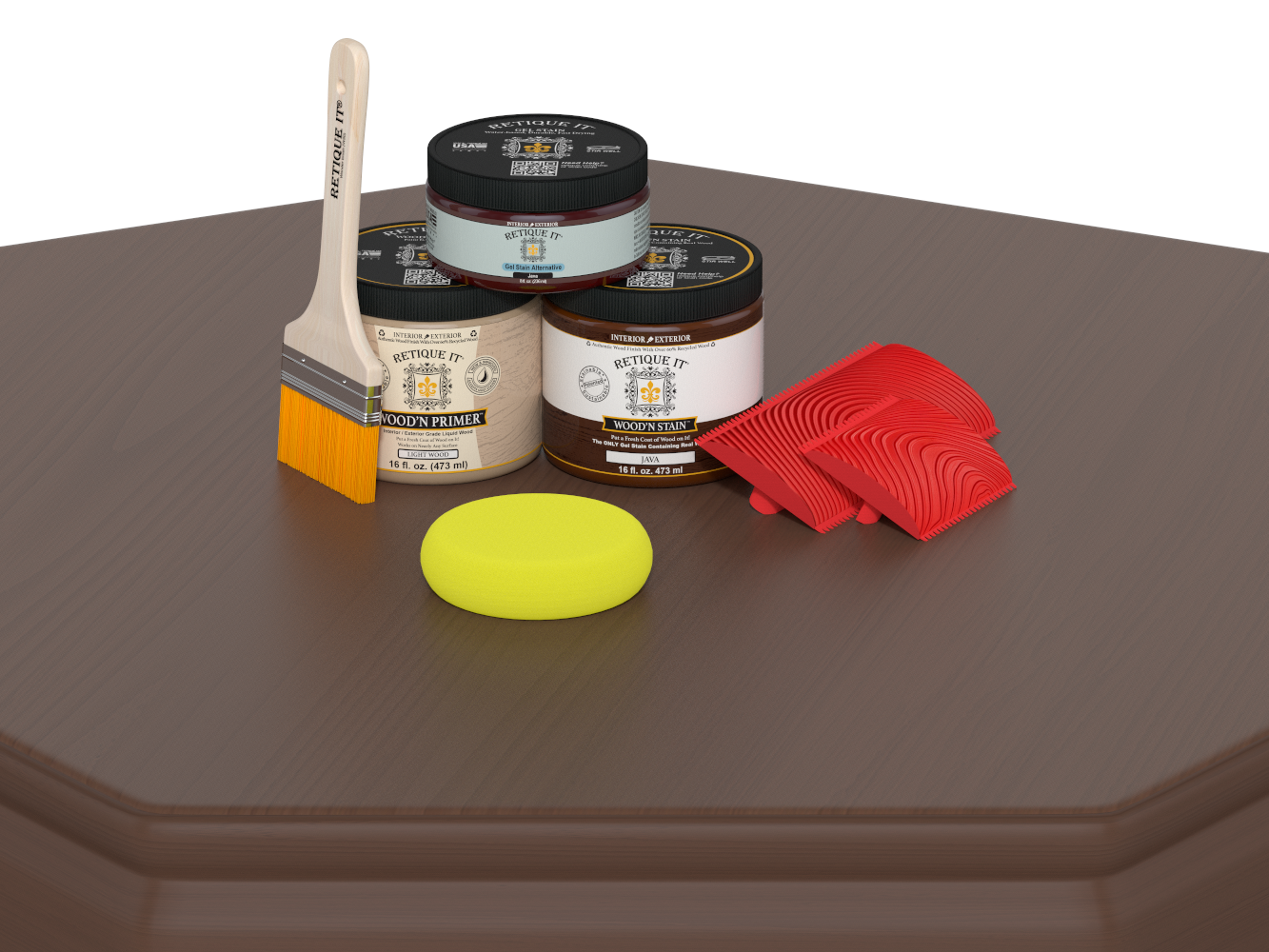 Painting supplies including jars, a brush, a sponge, and a squeegee on a brown surface.