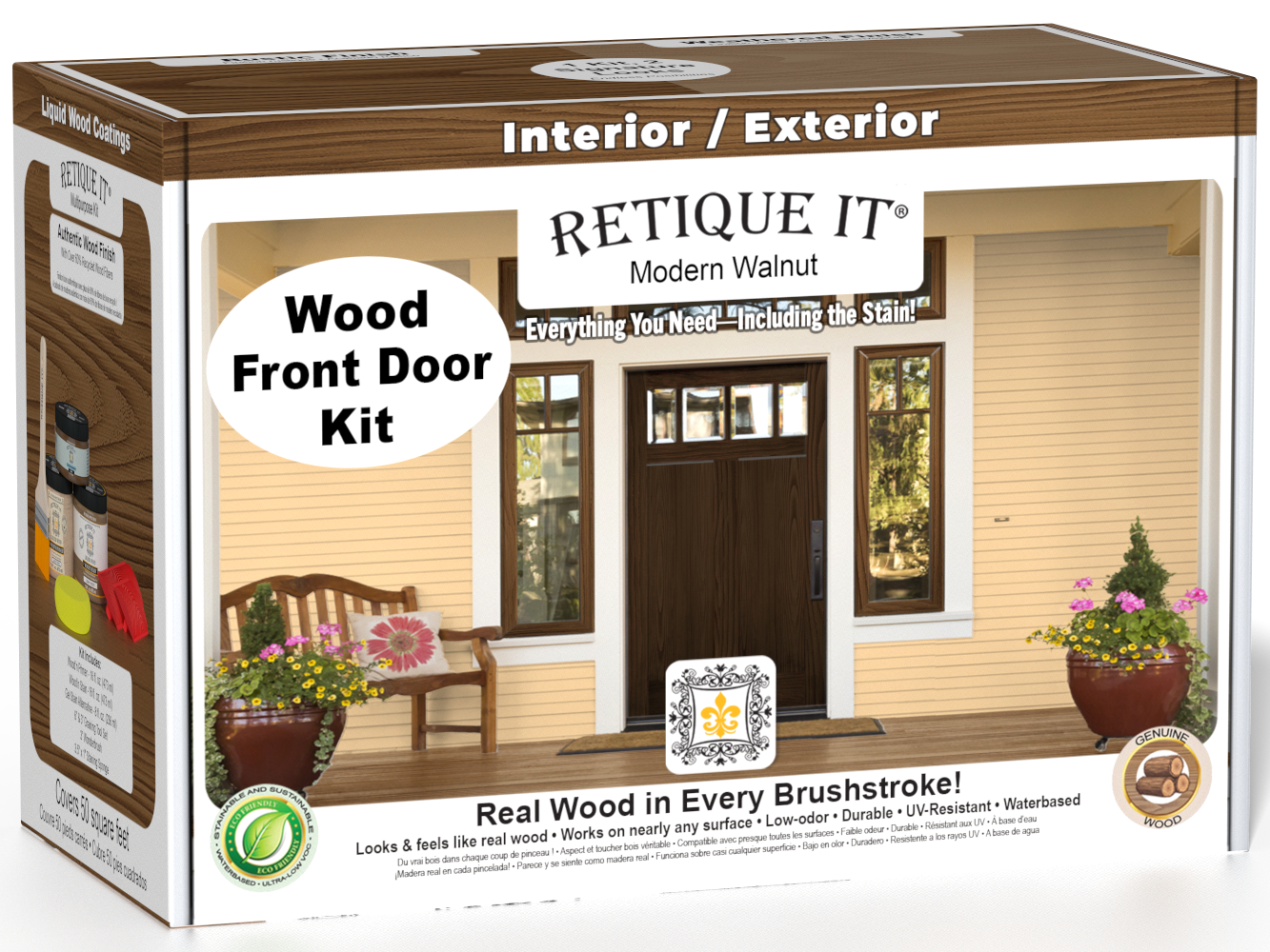 Retique It Wood'n Finish Modern Walnut front door kit with stain, featuring a sleek walnut wood grain finish and hardware details.