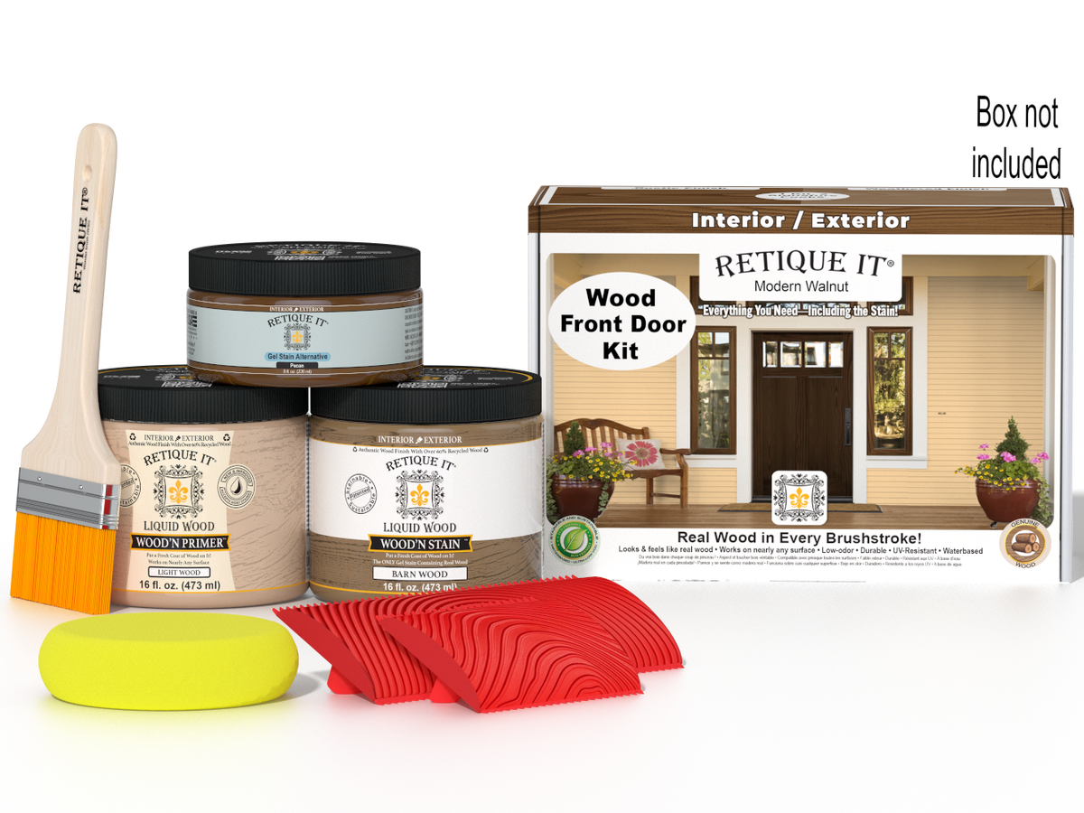 Retique It® Modern Walnut Wood Front Door Kit with primer, stains, brush, yellow sponge, red graining tools, and packaging.