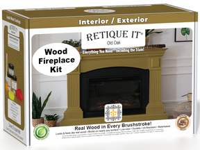Retique It® Fireplace Wood'n Finish Kit in Old Oak stain, featuring wood stain bottles and application tools for full fireplace finishing