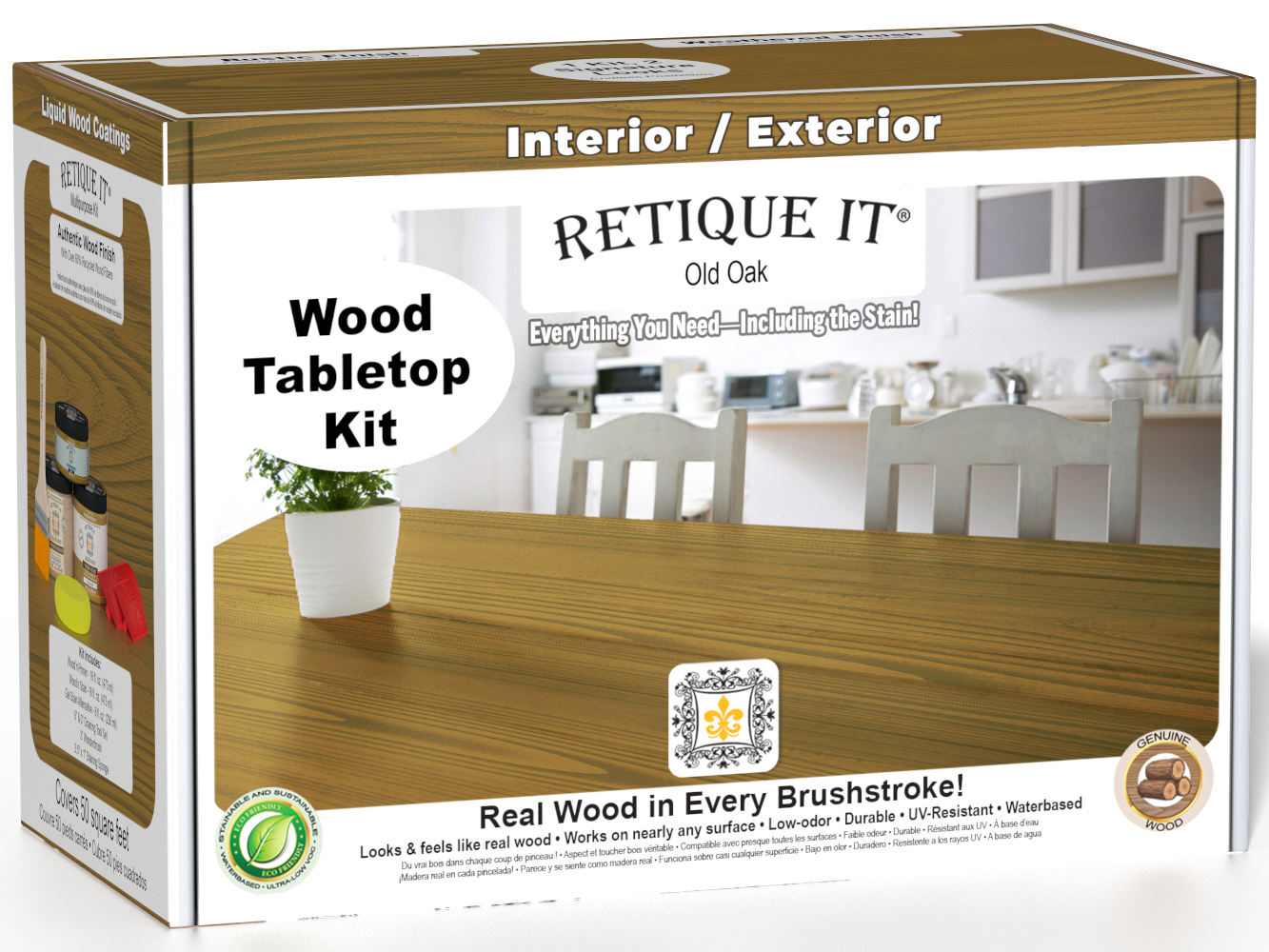 Retique It® Wood'n Finish Kit in Old Oak for tabletops, includes stains and tools for a double-sized wood finish project.