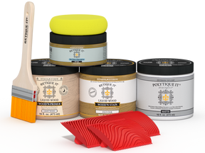 Retique It® Wood'n Finish Kit in Old Oak with matte exterior top coat, featuring multiple wood finishing tools and supplies.