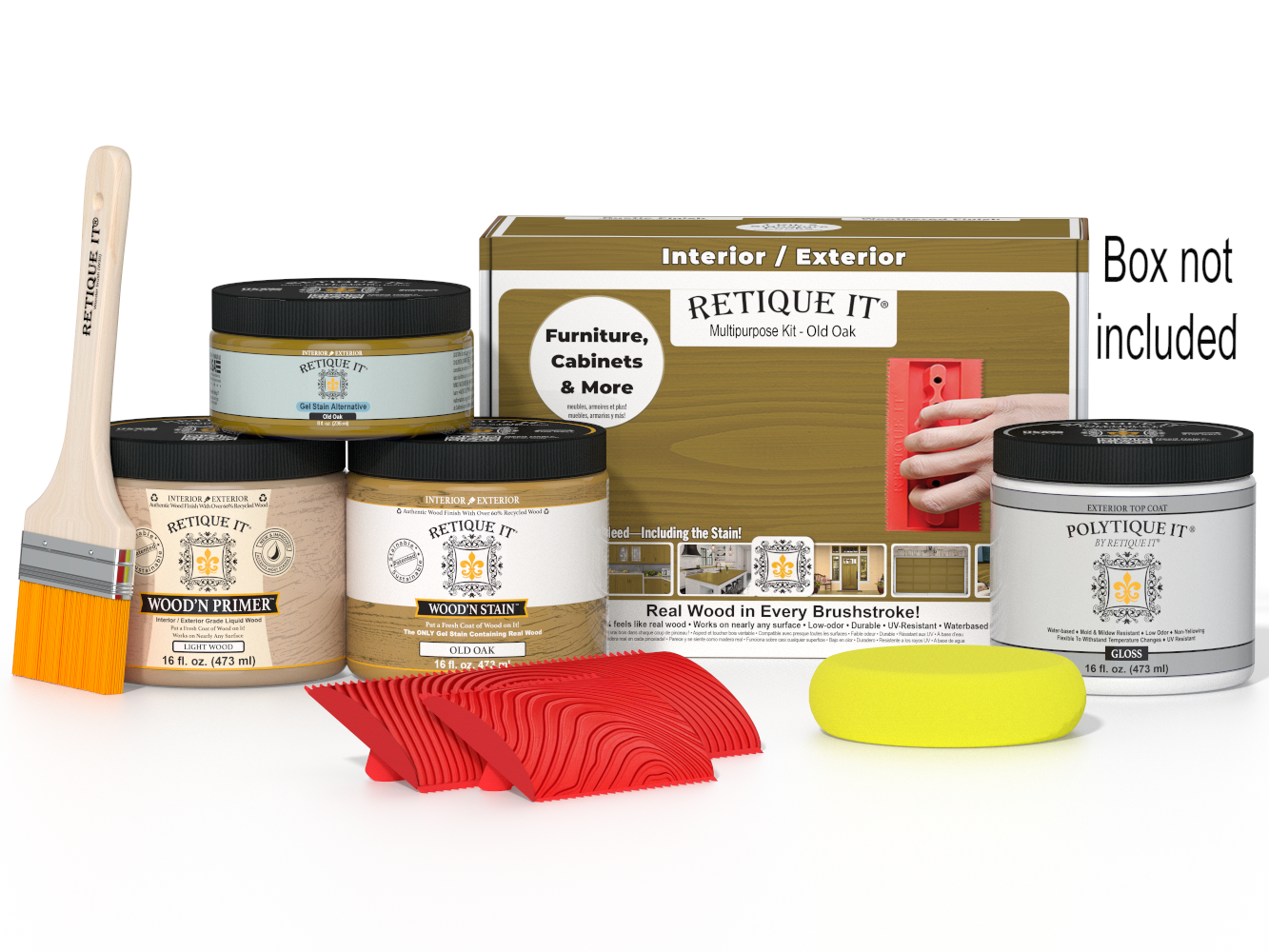 Painting supplies including jars, a brush, and packaging on a white background