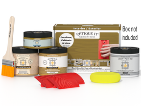 Painting supplies including jars, a brush, and packaging on a white background