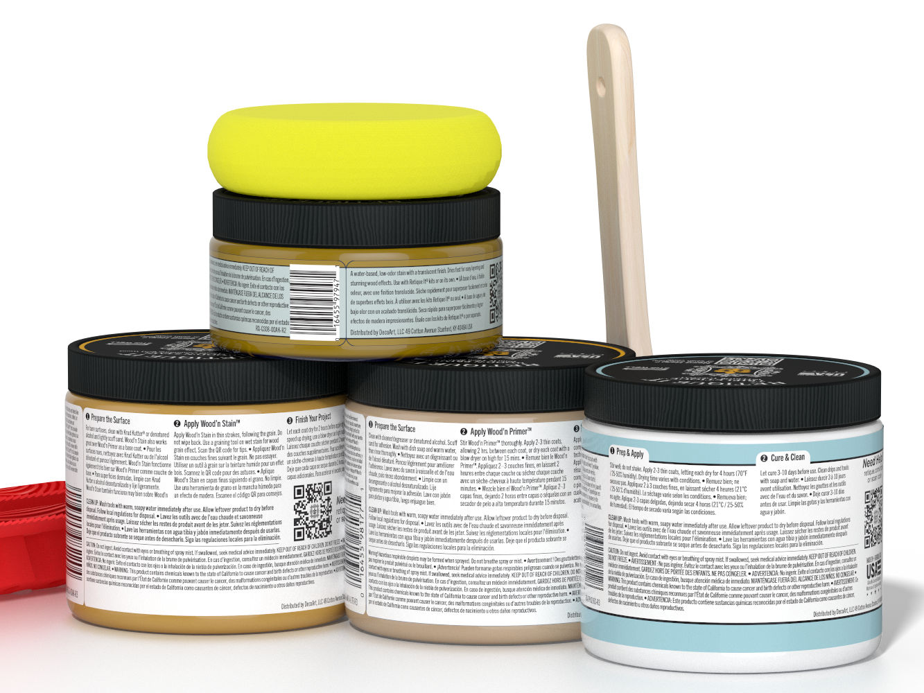 Five jars of paint with a yellow lid on a white background