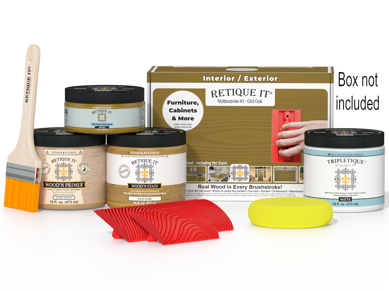 Painting supplies including paint cans, a brush, and packaging on a white background