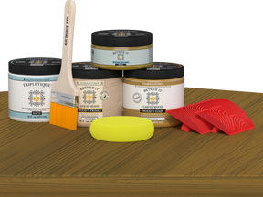 Retique It® Old Oak countertop kit with stain applied on a kitchen island, showcasing natural wood grain and finish.