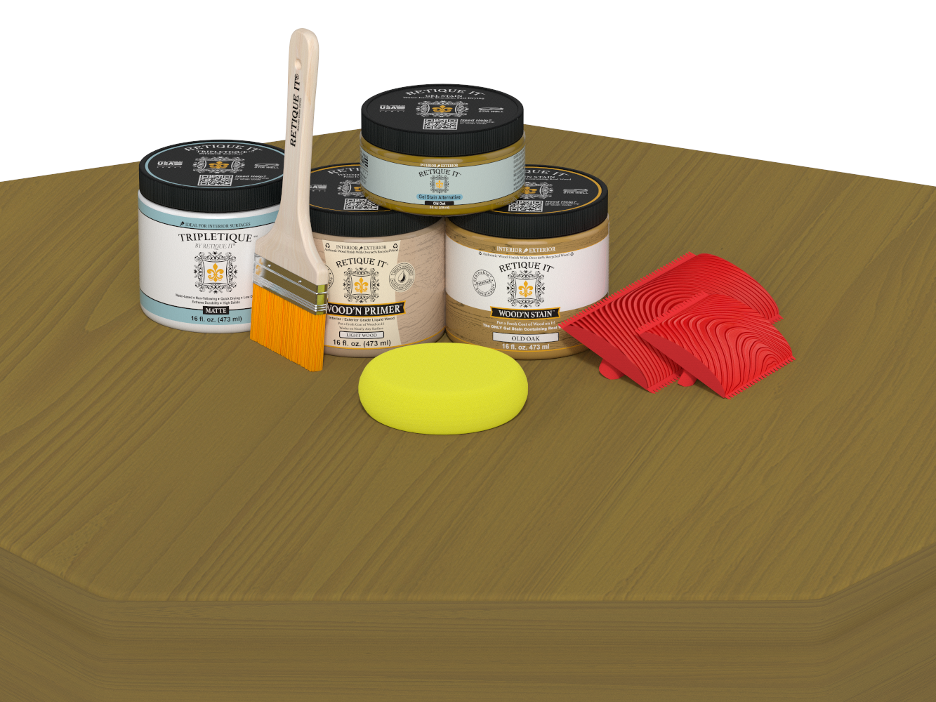 Paint cans, brushes, and sponges on a wooden surface