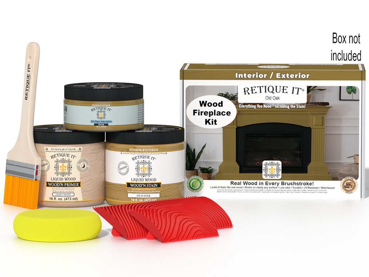 Retique It® Fireplace Wood'n Finish Kit in Old Oak stain, featuring wood stain bottles and application tools for full fireplace renovation.