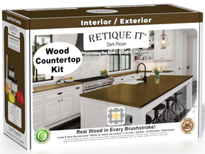 Dark Pecan kitchen island countertop kit by Retique It® featuring stain application, showcasing a finished wood surface.