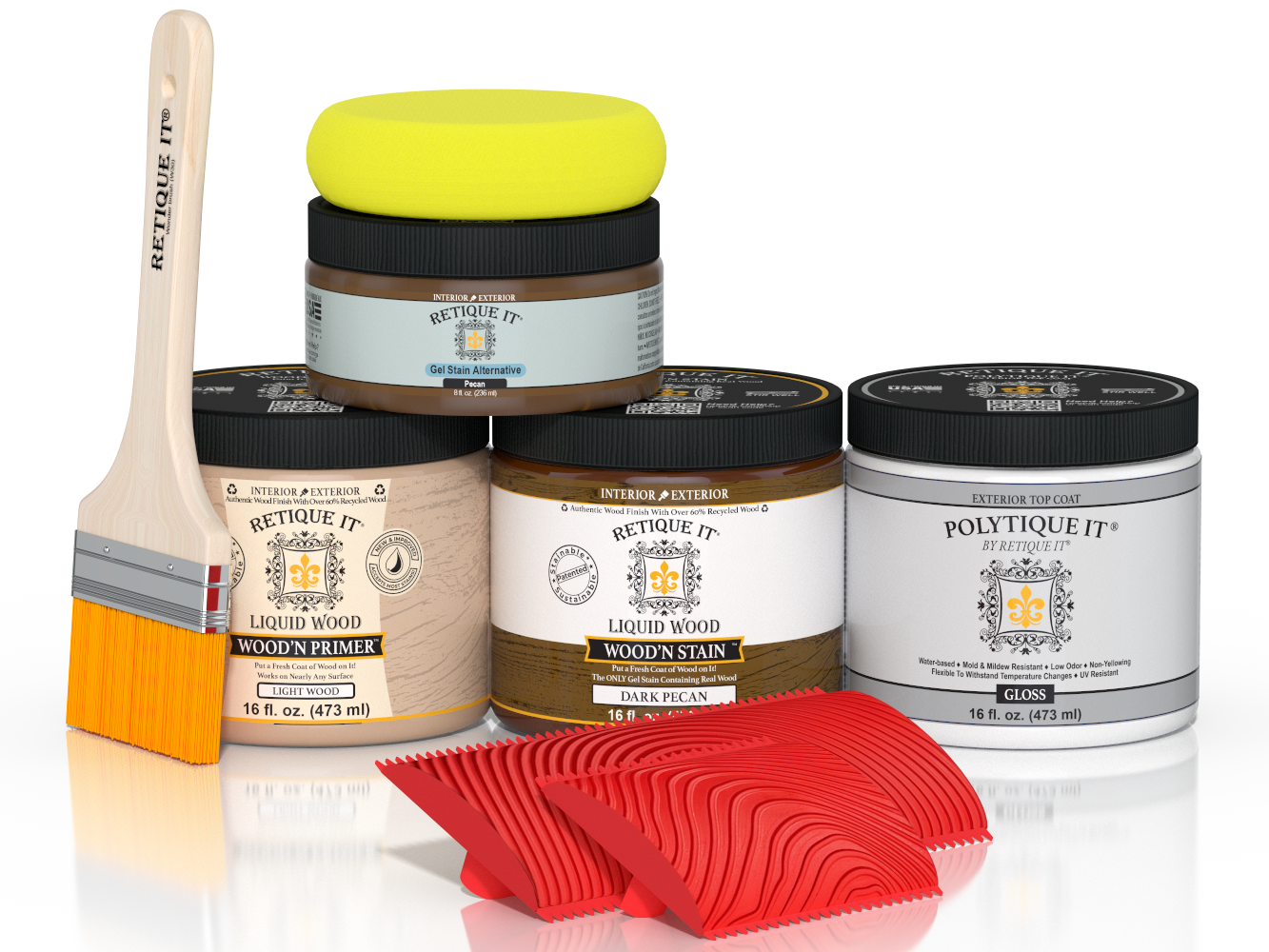 Dark Pecan Wood'n Finish Kit by Retique It® for exterior wood surfaces, featuring gloss top coat in a multi-purpose wood finishing set.
