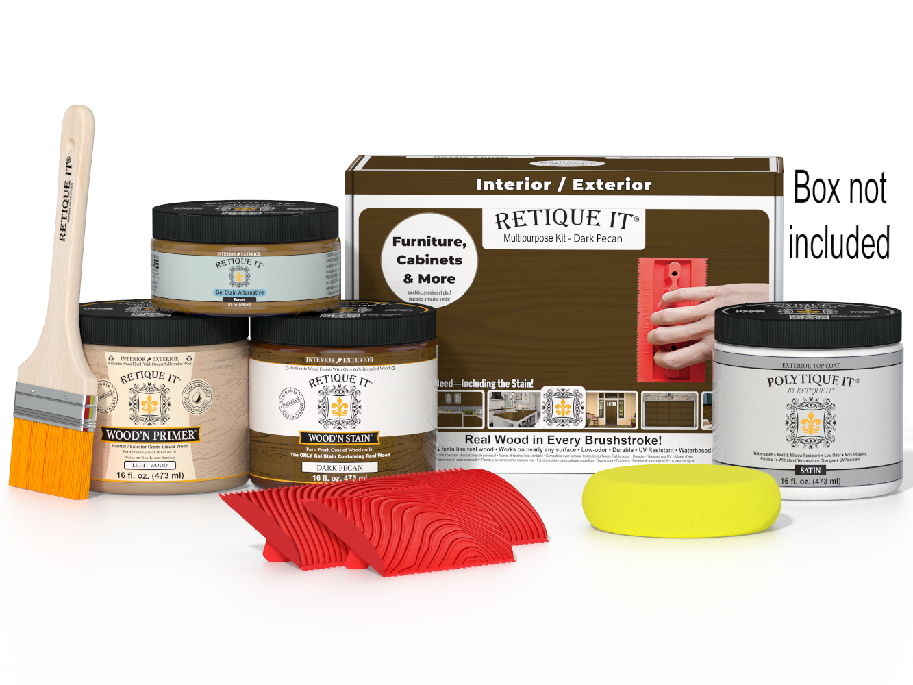 Painting supplies including jars, a brush, and a box labeled 'Reticule It' on a white background.