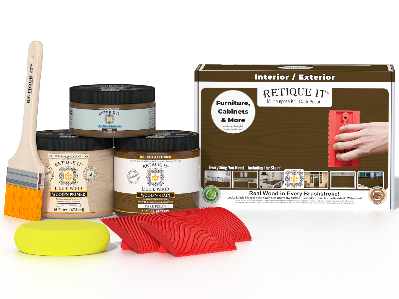 Retique It® Wood'n Finish Kit in Dark Pecan, medium-sized set for wood finishing, includes brushes and finishing products.