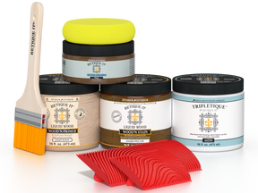 Retique It® Wood'n Finish Kit in Dark Pecan for interior wood projects, showing the satin top coat and wood finish components.
