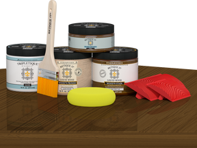 Retique It® dark pecan countertop kit for kitchen islands, featuring stain finish on a wooden surface.