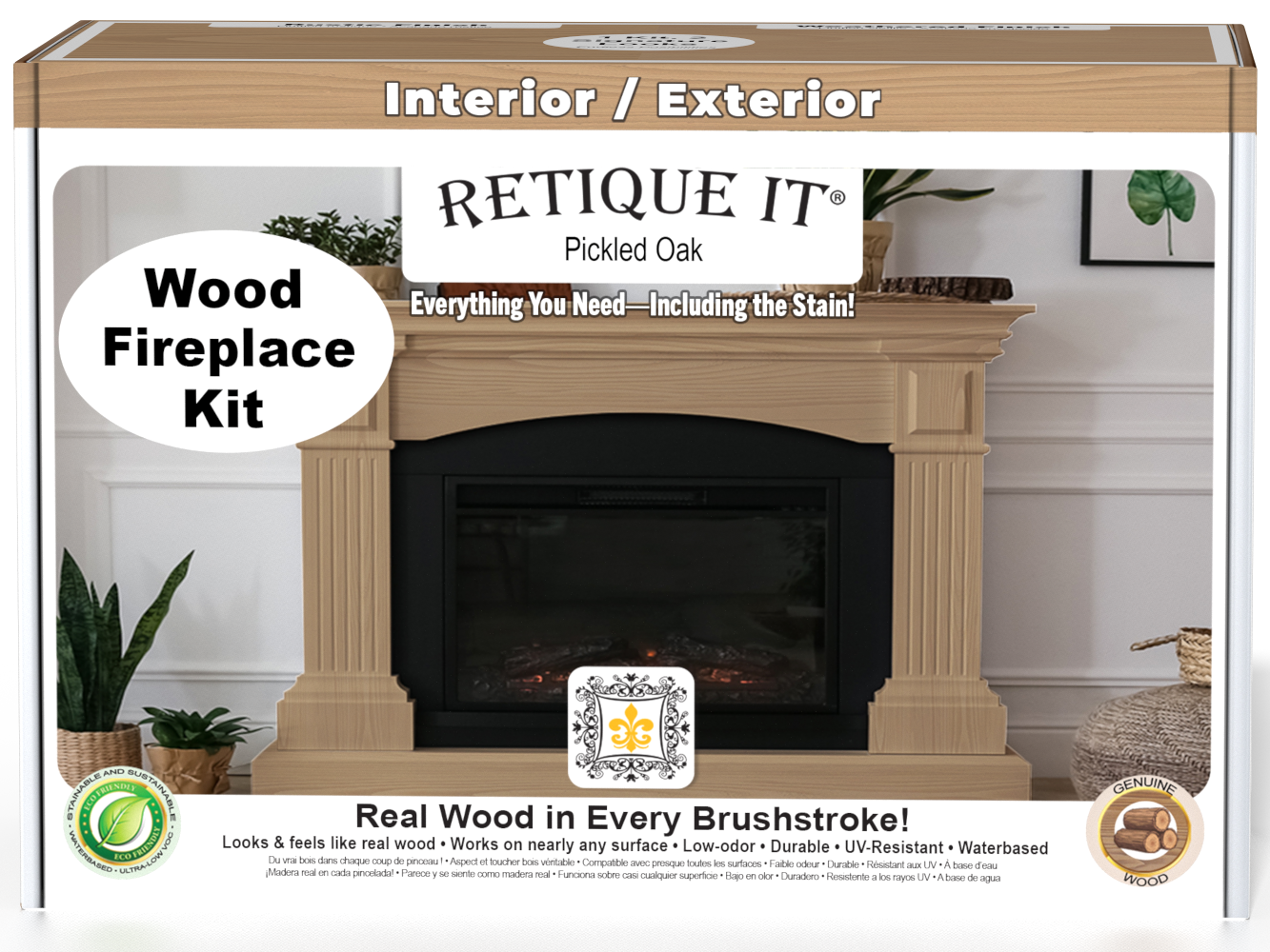 Retique It® Fireplace Wood'n Finish Kit in Pickled Oak, stain set for full fireplace renovation, with wood finish and application tools.