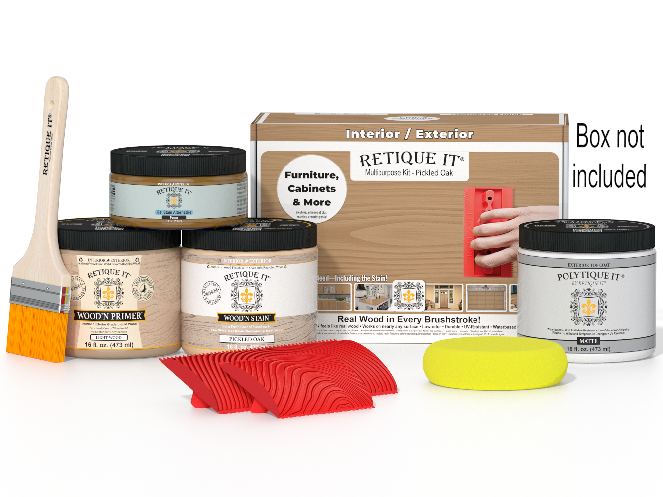 Painting supplies including paint cans, a brush, and a sanding block on a white background.