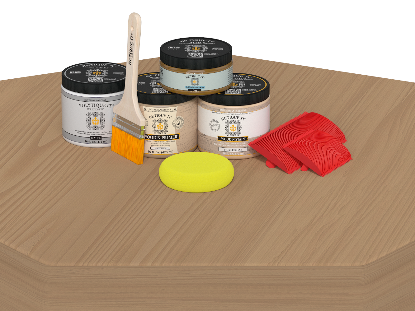 Painting supplies including cans, brushes, and a sponge on a wooden surface