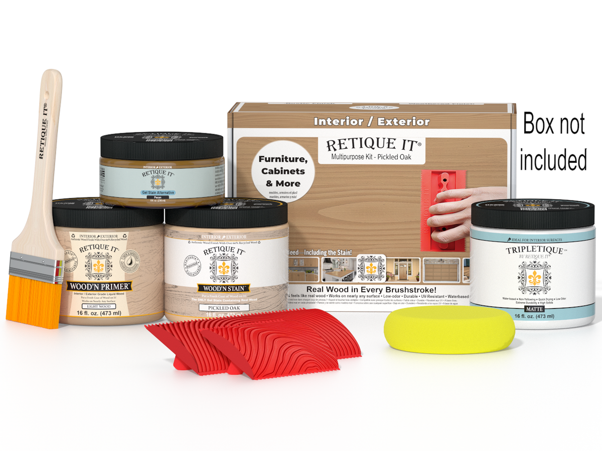 Painting supplies including paint cans, a brush, and a sanding block on a white background.