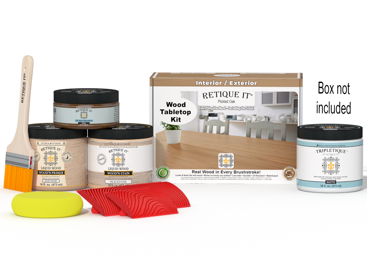 Retique It® Wood'n Finish Kit for tabletops in pickled oak stain, contains stain and finishing supplies in double size package.