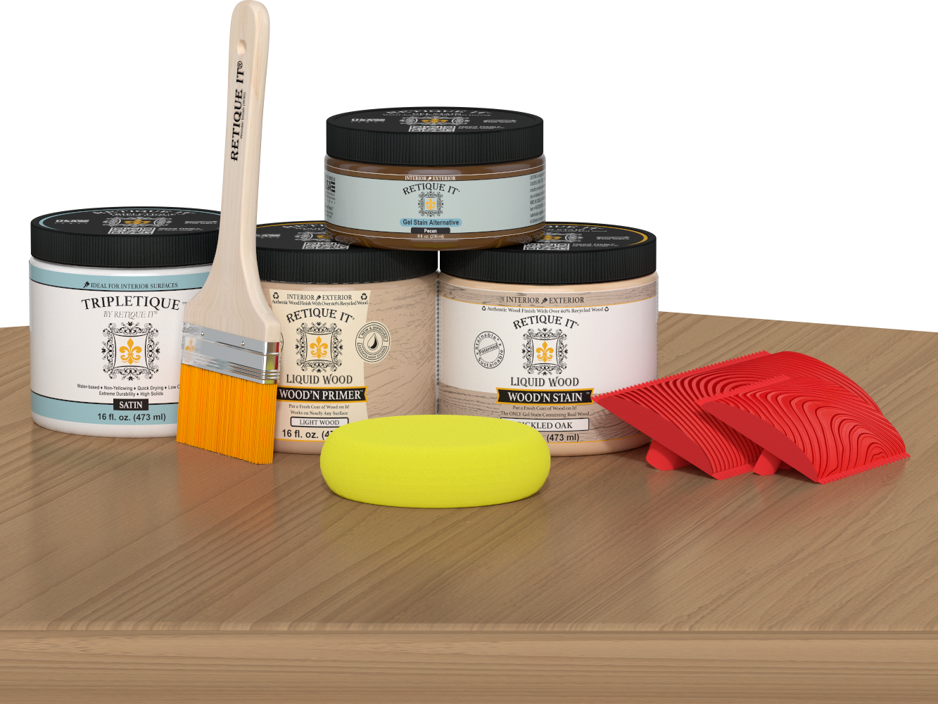 Retique It® pickled oak countertop kit for kitchen island, featuring stain and finish options on a wooden surface.