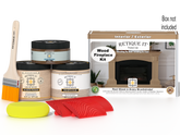 Retique It® Fireplace Wood'n Finish Kit in Pickled Oak stain, showing wood stain bottles and full fireplace sample.