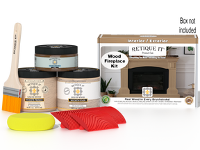 Retique It® Fireplace Wood'n Finish Kit in Pickled Oak stain, showing wood stain bottles and full fireplace sample.