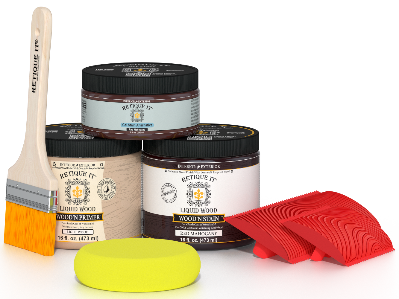 Multi-purpose Red Mahogany Wood'n Kit by Retique It® for interior top coat, showing the kit components and wood finish application.