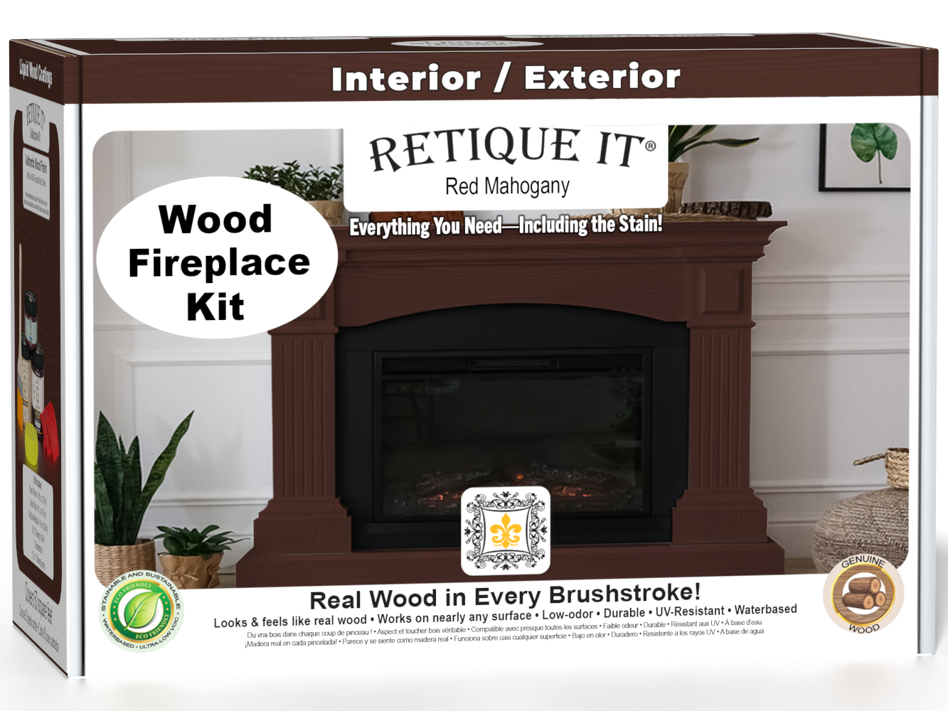 Retique It® Fireplace Wood'n Finish Kit in Red Mahogany stain, showing a full fireplace with wood finish application and stain color.