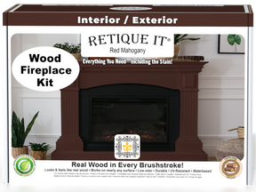 Retique It® Fireplace Wood'n Finish Kit in Red Mahogany stain, showing a full fireplace with wood finish options and kit components.