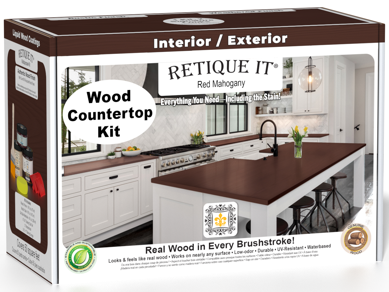 Retique It® red mahogany countertop kit for kitchen islands, featuring stain application and natural wood grain details.