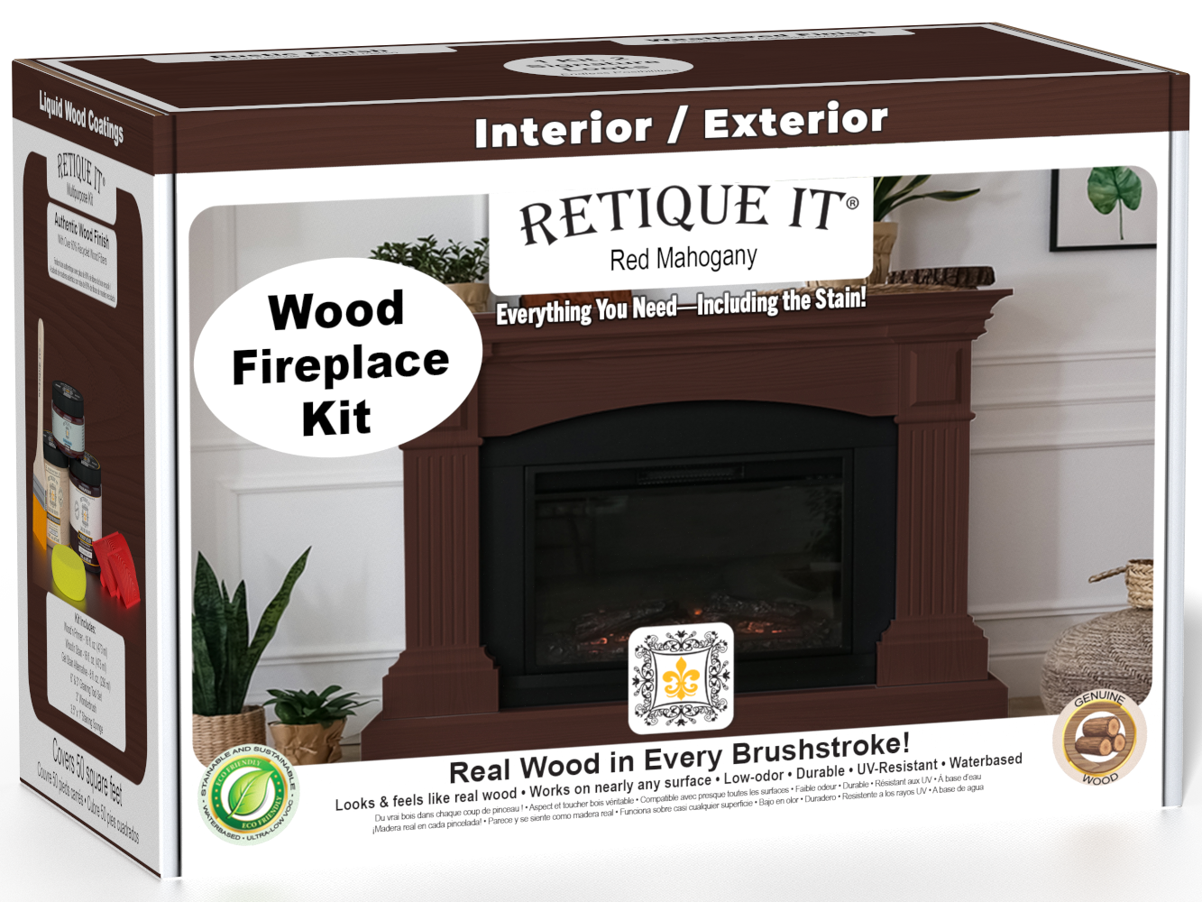 Retique It® Fireplace Wood'n Finish Kit in Red Mahogany stain, shown in a box with stain bottles and application tools.