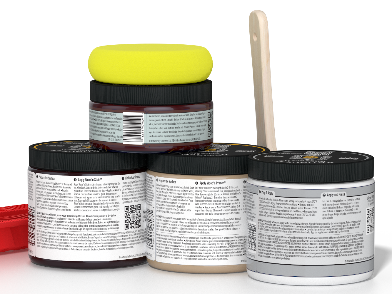 Four jars of paint with a yellow lid on a white background